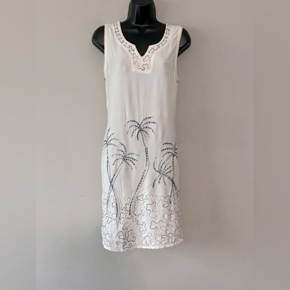 RAYA SUN DRESS OFFWHITE SLEEVELESS TANK SEQUIN PALM TREES BACKTIE small